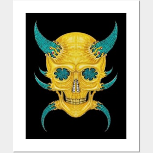 Demon skull set with diamond gems turquoise and gold. Posters and Art